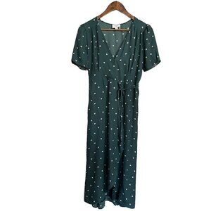 Everly Womens Green Polka Dot Surplus Vneck Short Sleeve Midi Wrap Dress Small